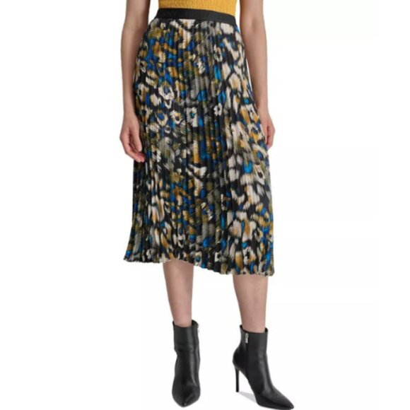 DKNY Women's Logo-Waistband Pleated Satin Midi Skirt Multi Leopard Size M NWT - Picture 1 of 7